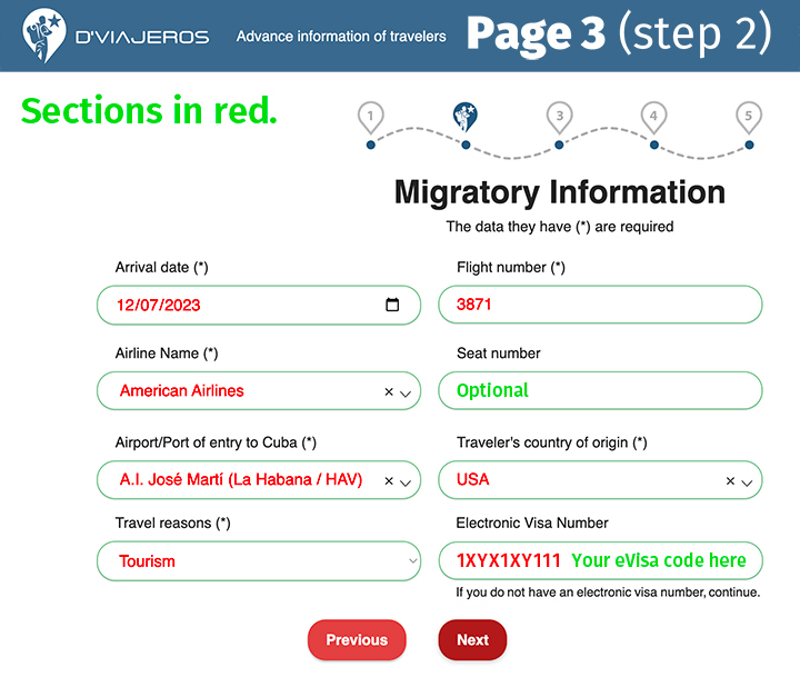 D'Viajeros Cuban Entry Form Migratory Information page.