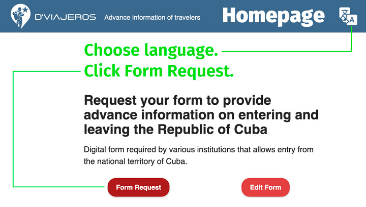 D'Viajeros Cuban Entry Form homepage.