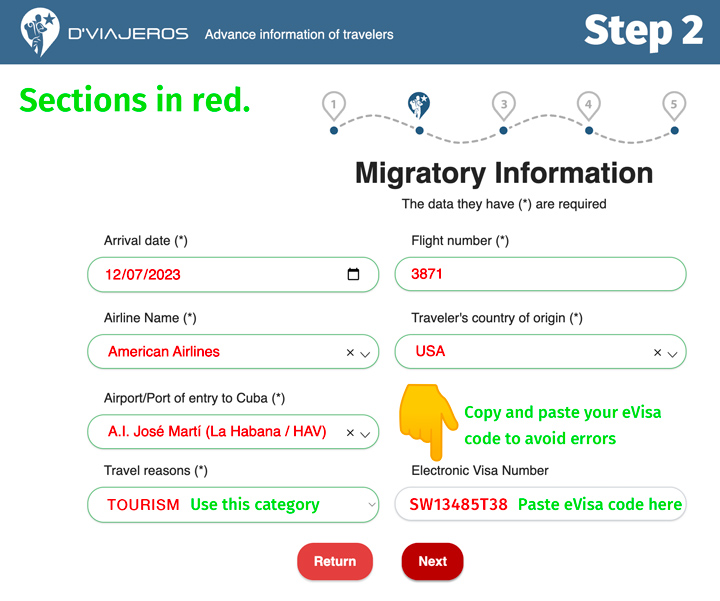 D'Viajeros Cuban Entry Form Migratory Information page.