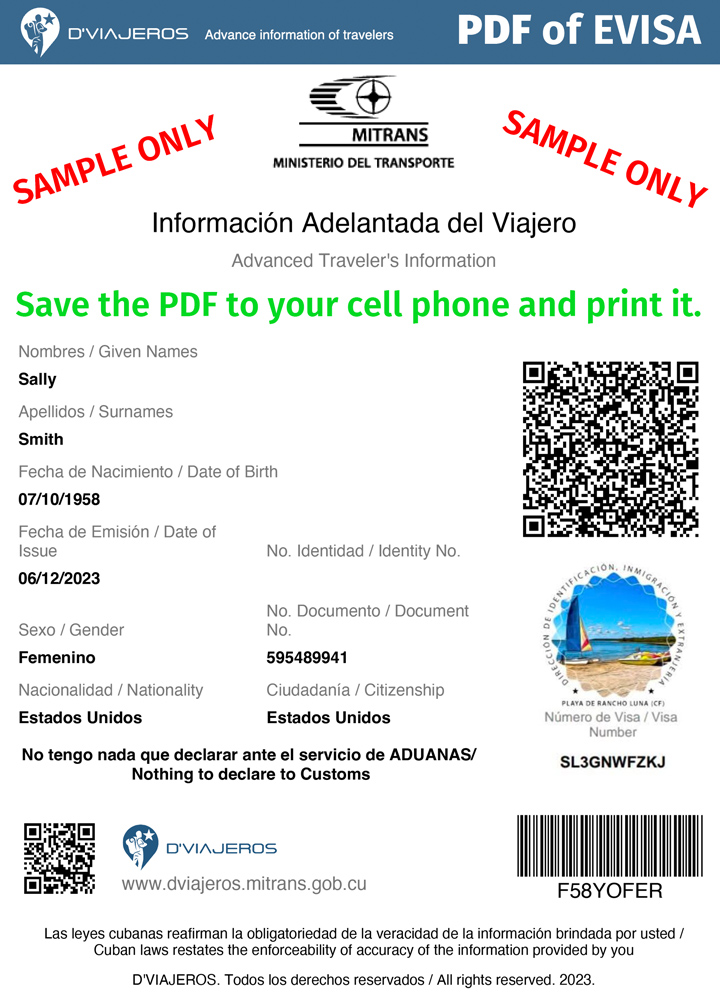 D'Viajeros Cuban Entry Form Success PDF QR Code Result page.
